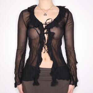 Y2K Black Sheer Ruffle Tie Up Blouse (XS) 